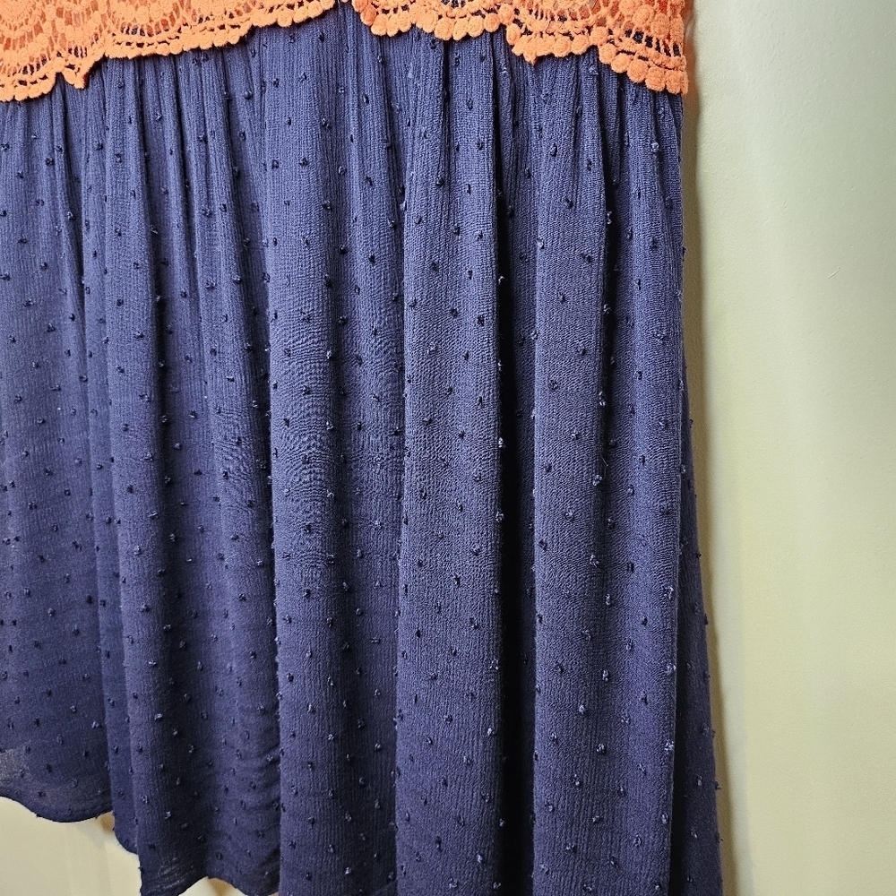 Umgee Navy Swiss Dot Babydoll Dress Coral Lace Empire Waist Boho M Summer - Picture 6 of 11